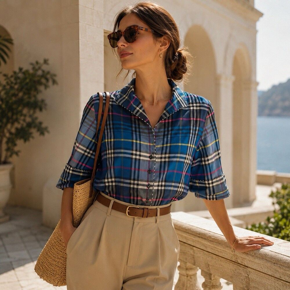 Marisa Baratelli Thai Silk Plaid Blouse 8 Resort Chic
